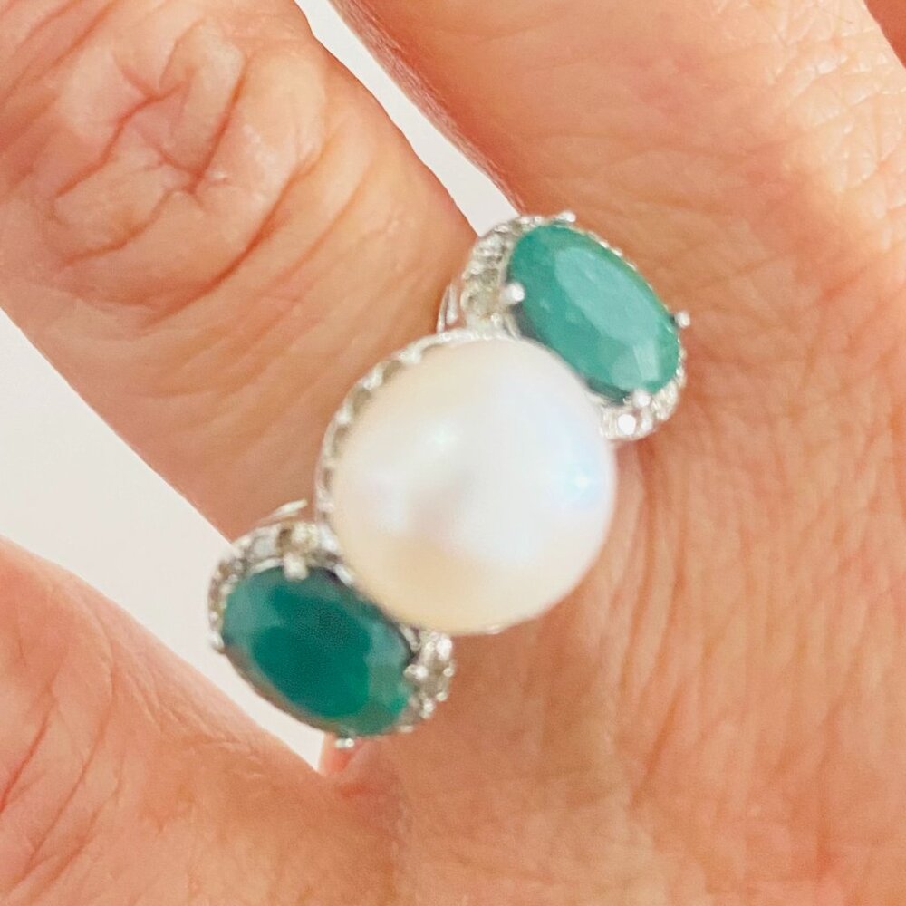 Vintage Judith Ripka Sterling Silver Pearl & Emerald Ring – Thailand 925